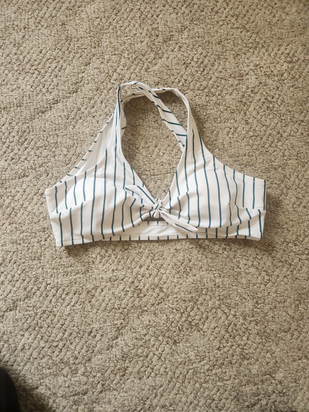 Striped White & Teal Tie-Front Halter Swim Top